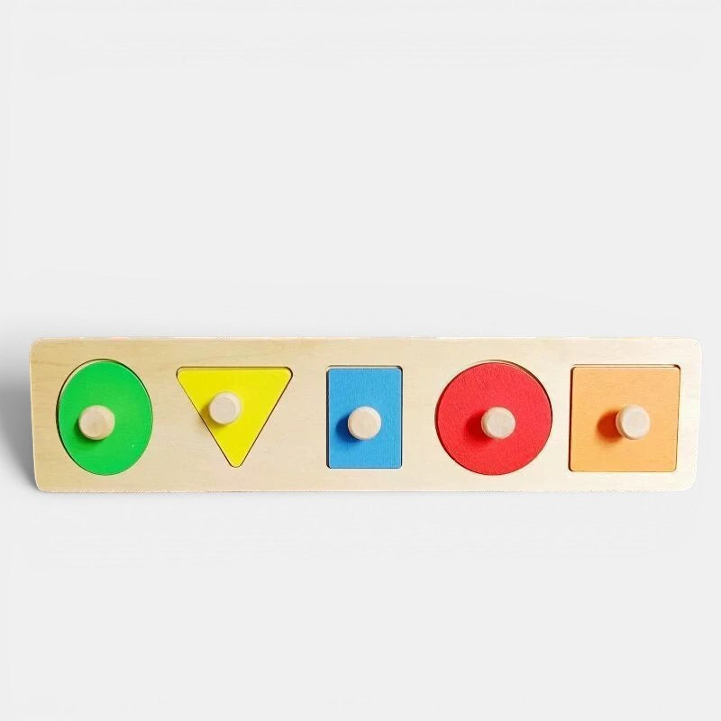 Petit Éveil Montessori - Puzzle en bois avec 5 formes géométriques colorées (cercle, triangle, carré) pour l'apprentissage des tout-petits.