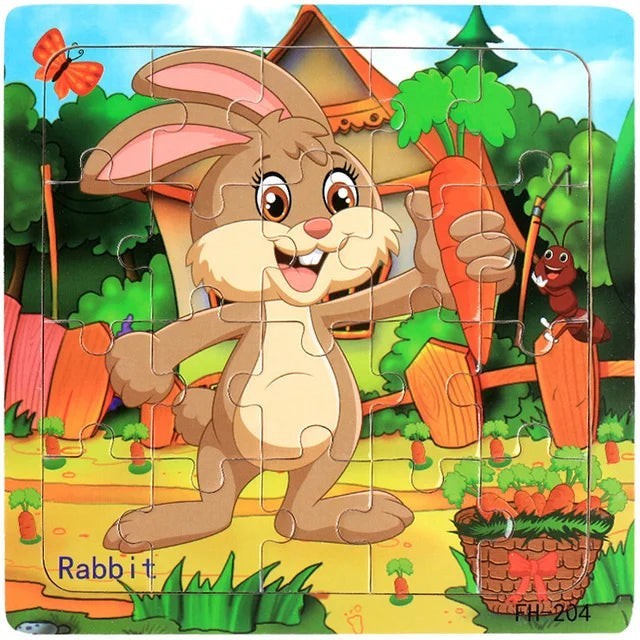 Puzzle Montessori 3D en bois Petit Éveil Montessori avec un lapin tenant une carotte, 20 pièces.