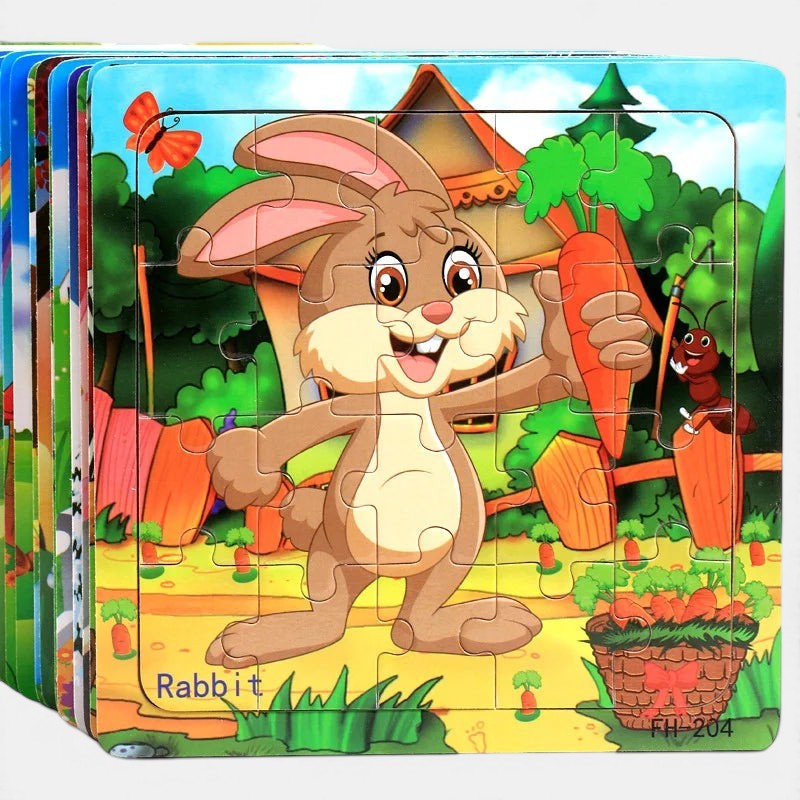 Puzzle Montessori 3D en bois Petit Éveil Montessori avec un lapin tenant une carotte, 20 pièces.