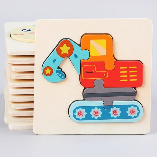 Petit Éveil Montessori puzzle 3D en bois, pelleteuse colorée pour enfants, jouet éducatif pour motricité fine.