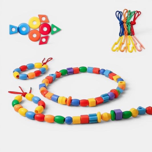 Petit Éveil Montessori, puzzle perlé éducatif en bois coloré pour développer la motricité fine et la logique.