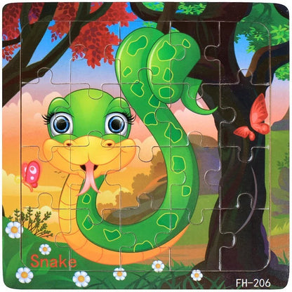 Puzzle Montessori 3D en bois Petit Éveil Montessori avec un serpent vert joyeux et des papillons, 20 pièces.