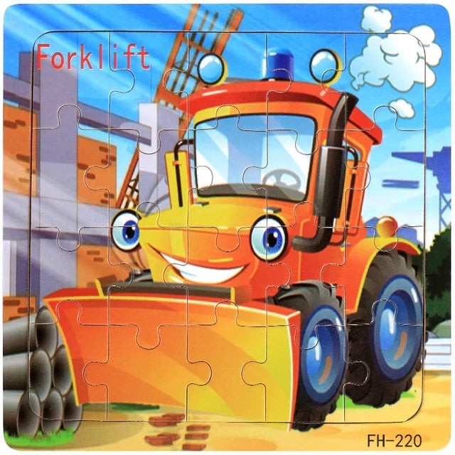 Petit Éveil Montessori - Puzzle 3D en bois avec un tracteur souriant et des yeux bleus, idéal pour les enfants.