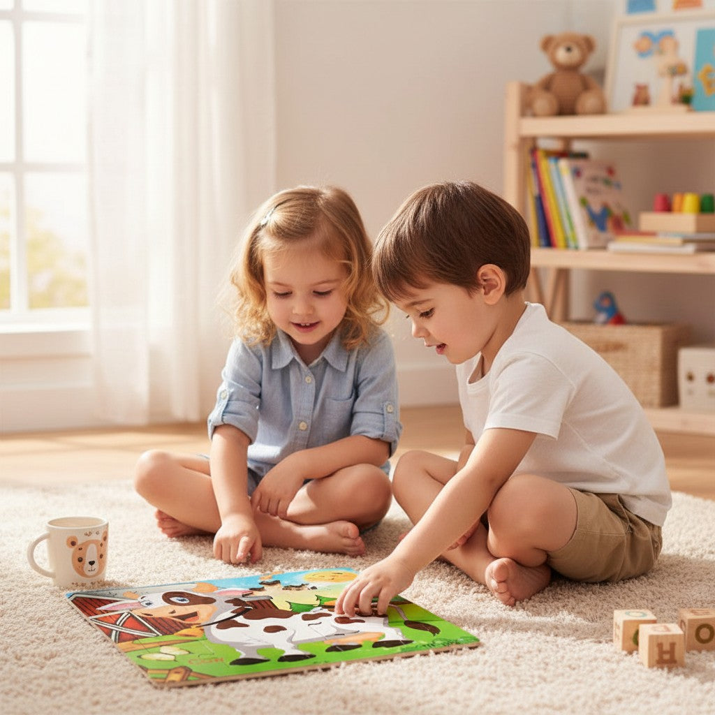 Puzzle 3D en bois Petit Éveil Montessori avec une vache, une ferme et des papillons. 20 pièces.