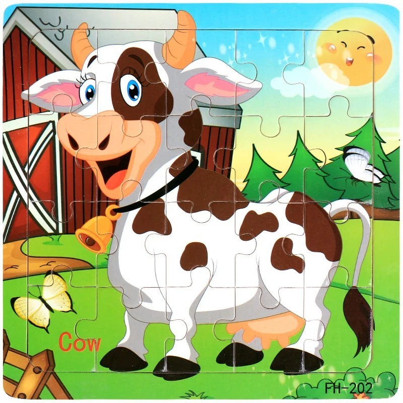 Puzzle Montessori 3D en bois Petit Éveil Montessori, 20 pièces, représentant une vache joyeuse dans une ferme avec un soleil souriant.