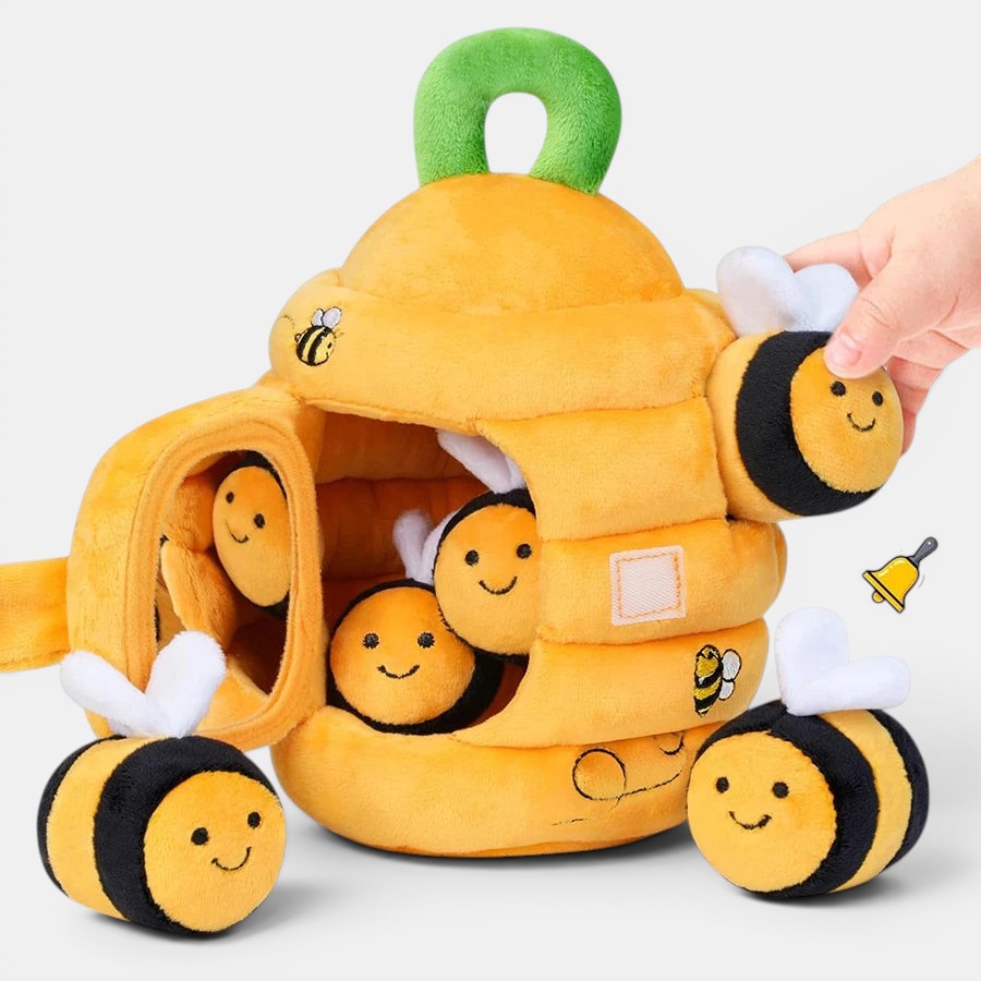 Ruche douce Montessori jaune et noire avec 4 abeilles en peluche, jouet d'éveil sensoriel pour bébé par Petit Éveil Montessori.