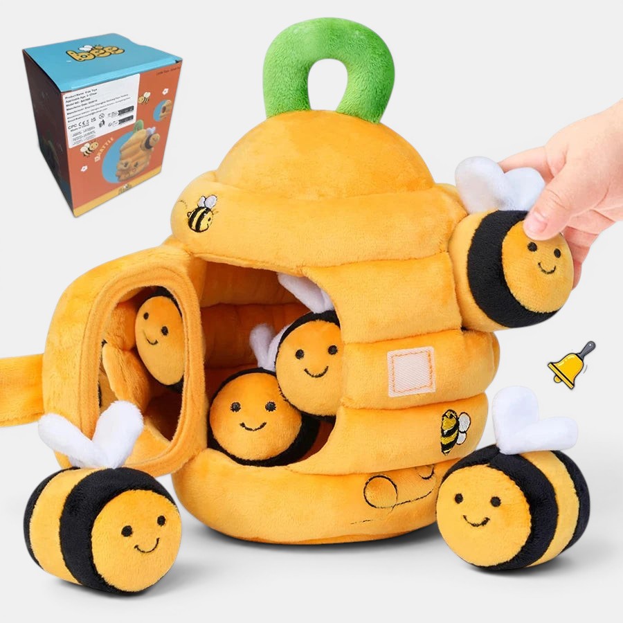 Ruche douce Montessori jaune et noire avec 5 abeilles en peluche pour bébé. Jouet d'éveil sensoriel par Petit Éveil Montessori.