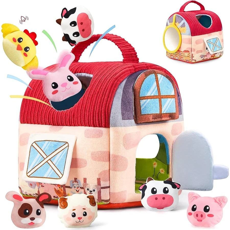 Petit Éveil Montessori, ruche douce en tissu avec 5 animaux en peluche : poule, lapin, vache, chien et mouton. Idéal pour l'éveil sensoriel.