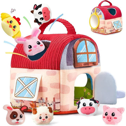 Petit Éveil Montessori, ruche douce en tissu avec 5 animaux en peluche : poule, lapin, vache, chien et mouton. Idéal pour l'éveil sensoriel.