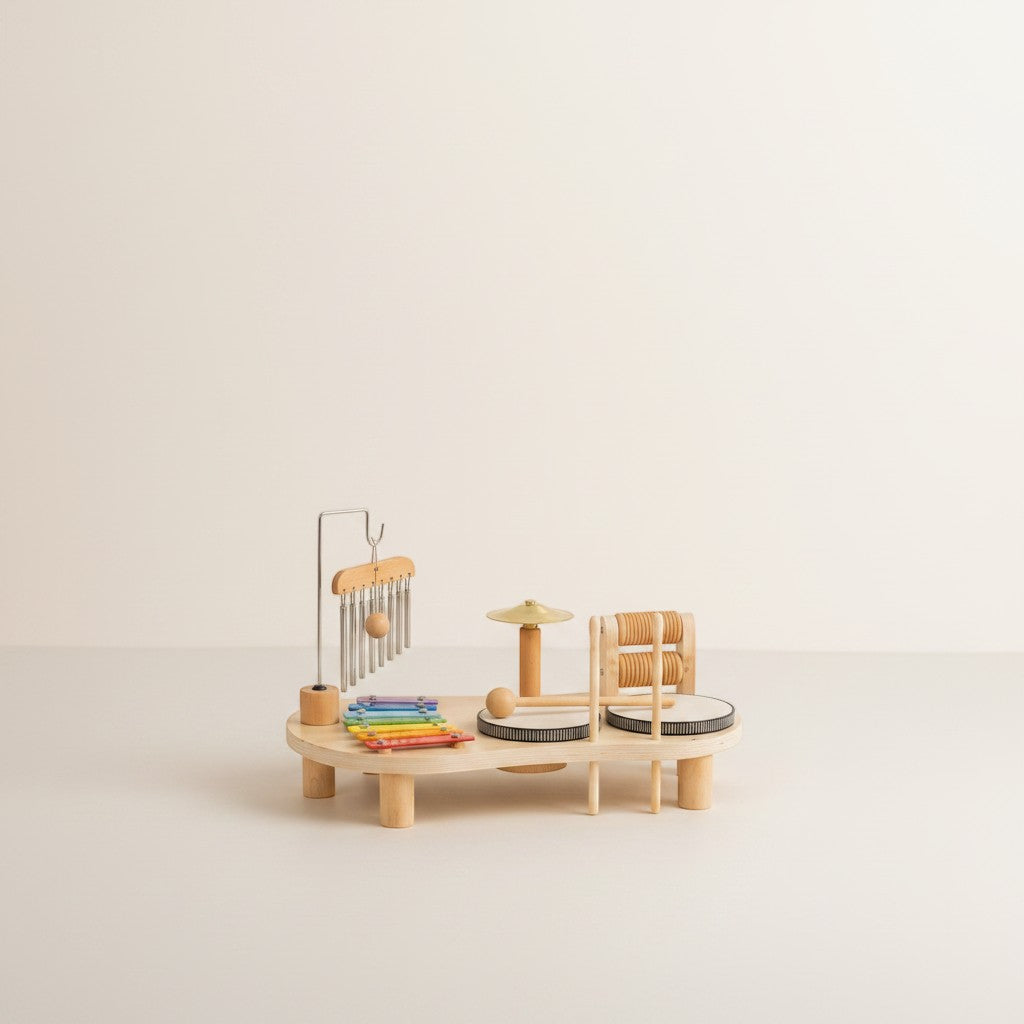 Petit Éveil Montessori : set de percussion en bois avec xylophone coloré, cymbales et tambours pour bébés.