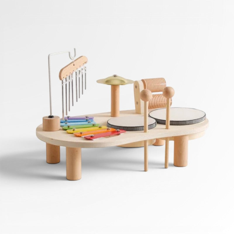 Petit Éveil Montessori : set de percussion en bois naturel avec xylophone arc-en-ciel, cymbales et tambours pour bébé.