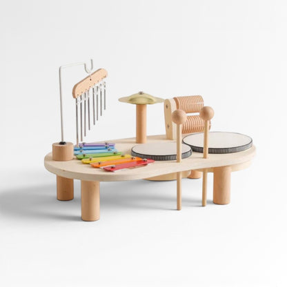 Petit Éveil Montessori : set de percussion en bois naturel avec xylophone arc-en-ciel, cymbales et tambours pour bébé.