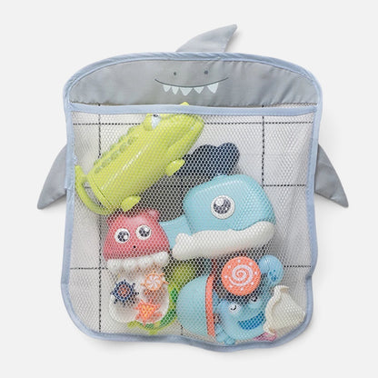 Petit Éveil Montessori grey shark-shaped mesh bath toy storage bag filled with colorful plastic animal toys
