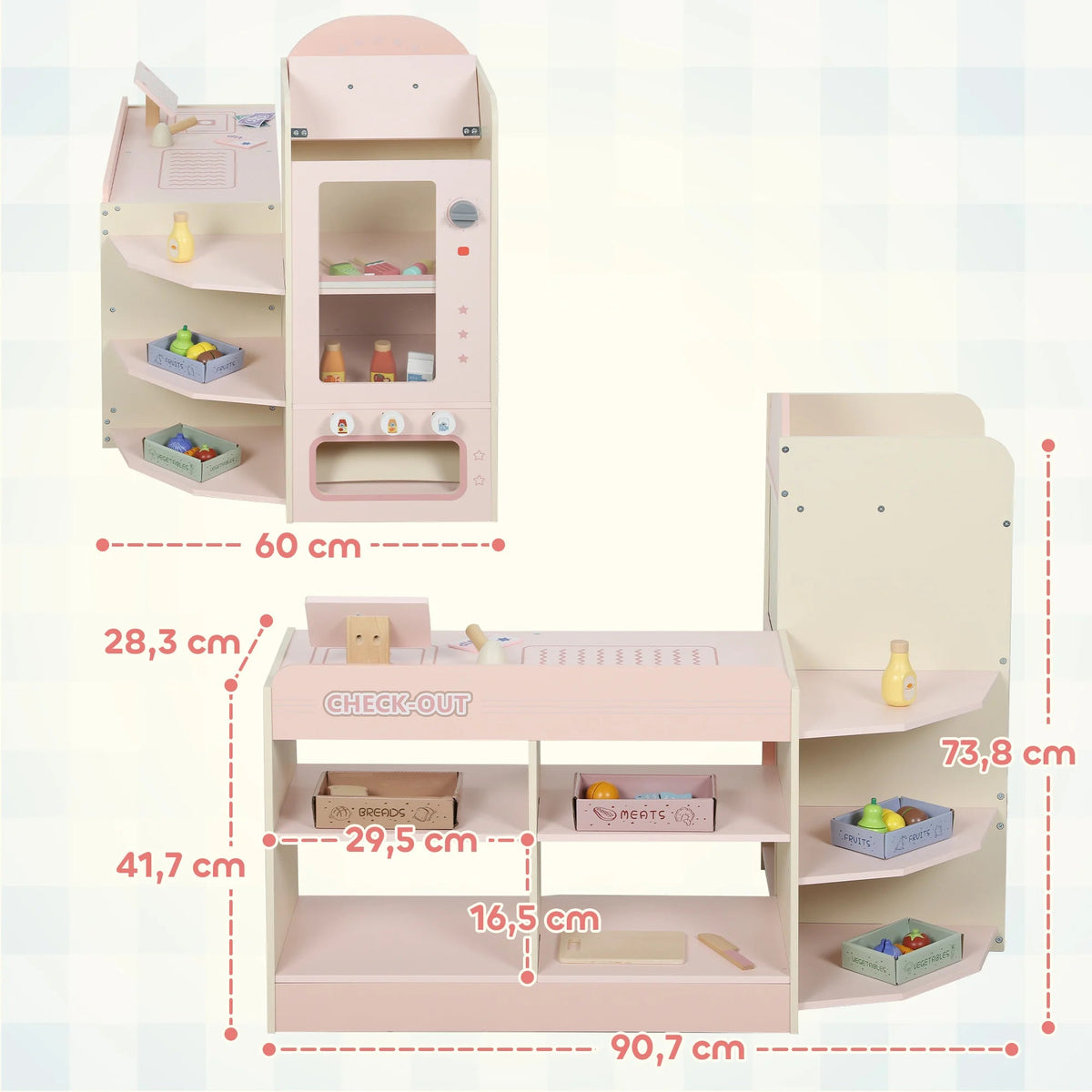 Supermarché en bois Petit Éveil Montessori rose et beige avec caisse, balance, étagères et accessoires pour enfants