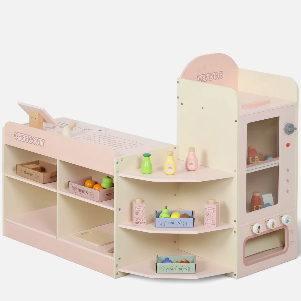 Supermarché en bois Petit Éveil Montessori AIYAPLAY rose et beige avec caisse, balance et accessoires pour enfants