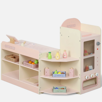 Supermarché en bois Petit Éveil Montessori AIYAPLAY rose et beige avec caisse, balance et accessoires pour enfants