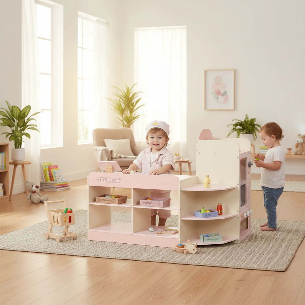 Enfants jouant avec le supermarché en bois Petit Éveil Montessori rose et beige avec caisse et accessoires