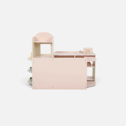 Supermarché en bois Petit Éveil Montessori rose et beige avec caisse et étagères pour jeu d'imitation enfant