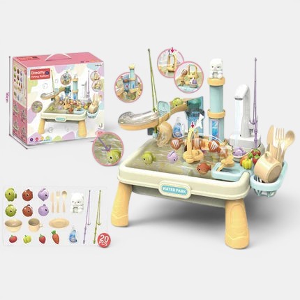 Table de jeu aquatique Montessori Petit Éveil Montessori avec poissons, cannes à pêche et accessoires pour le bain.
