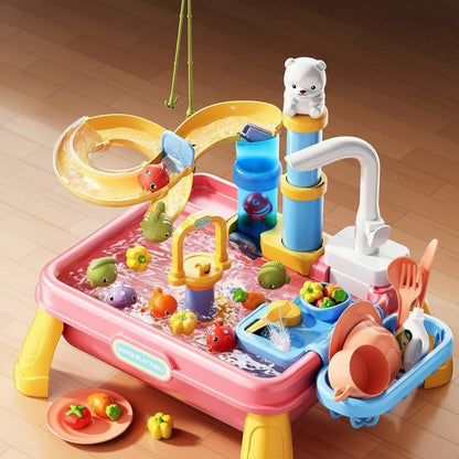 Table de jeu aquatique Petit Éveil Montessori rose et jaune avec toboggan, jouets animaux marins et vaisselle.