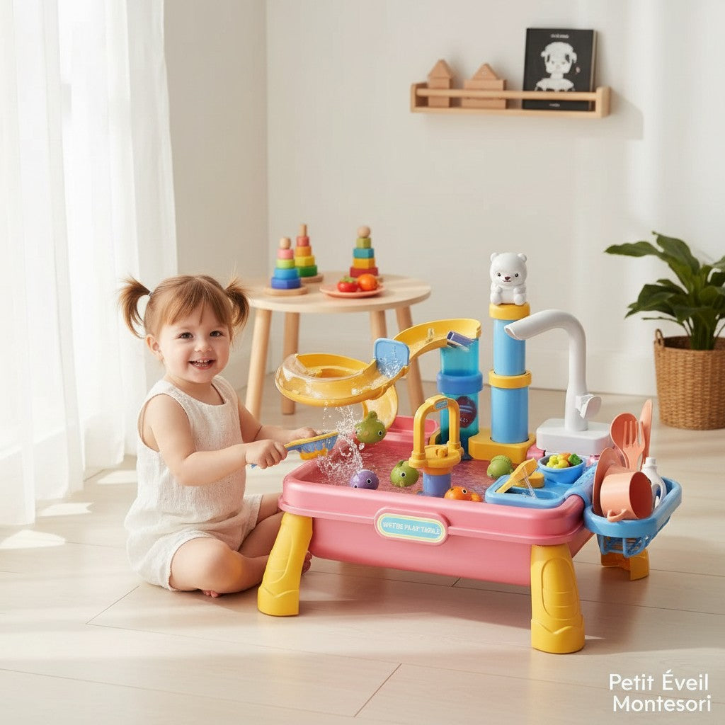 Table de jeu aquatique Petit Éveil Montessori rose et jaune avec toboggan, évier, jouets animaux et vaisselle.