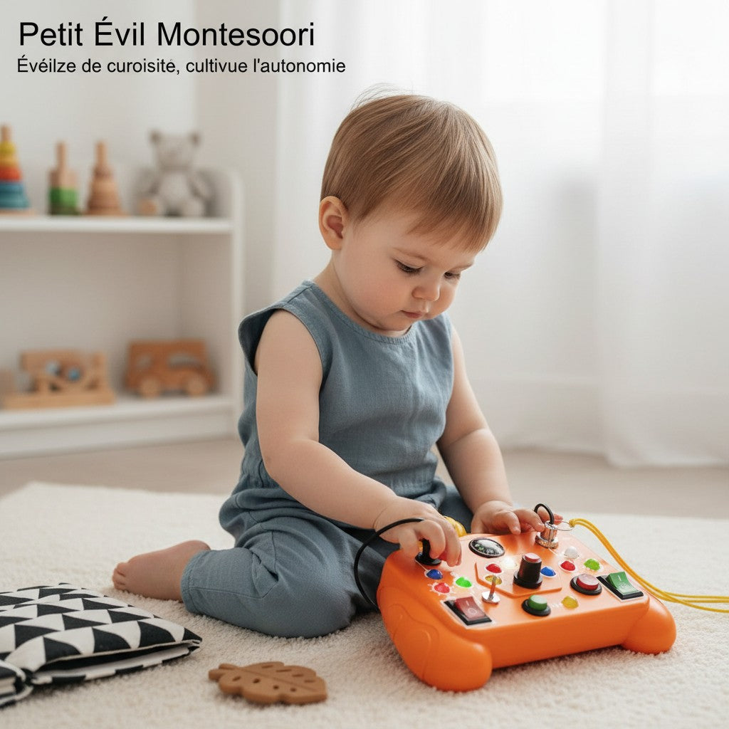 Tableau d'activités Petit Éveil Montessori orange avec interrupteurs, boutons et un canard jaune.