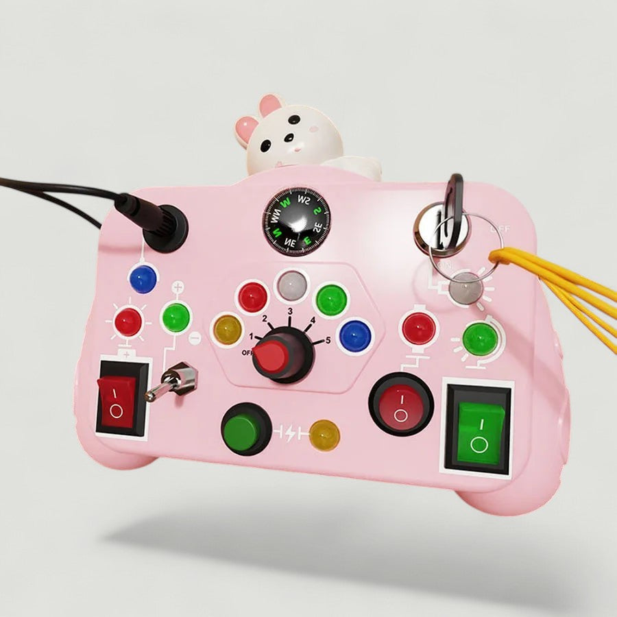 Tableau d'activités Montessori rose avec un lapin mignon, interrupteurs, boutons et boussole pour l'apprentissage des enfants par Petit Éveil Montessori.
