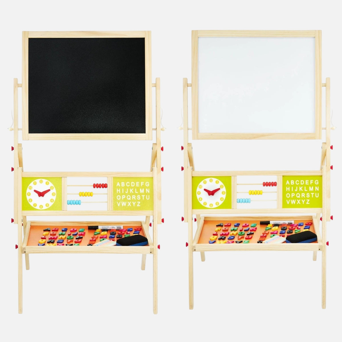 Tableau éducatif double face en bois Petit Éveil Montessori avec boulier, horloge, lettres magnétiques et craies