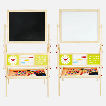 Tableau éducatif double face en bois Petit Éveil Montessori avec boulier, horloge, lettres magnétiques et craies