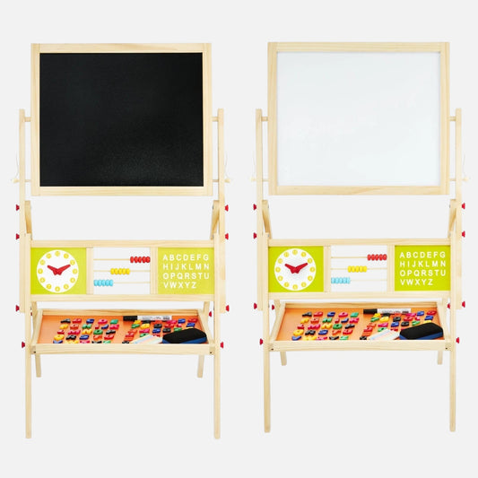 Tableau éducatif double face en bois Petit Éveil Montessori avec boulier, horloge, lettres magnétiques et craies