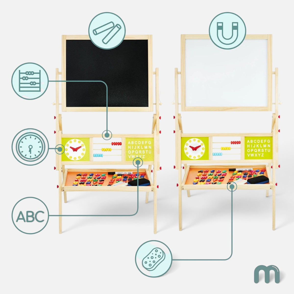Tableau éducatif double face en bois Petit Éveil Montessori avec boulier, horloge, lettres magnétiques et craies.