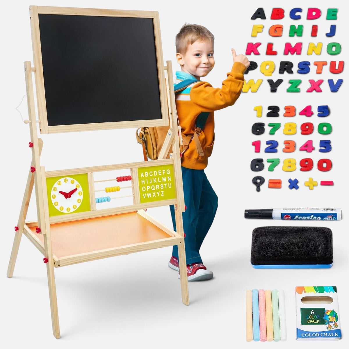 Petit Éveil Montessori tableau éducatif en bois double face avec boulier, horloge, lettres magnétiques et craies