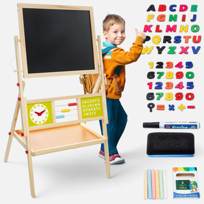 Petit Éveil Montessori tableau éducatif en bois double face avec boulier, horloge, lettres magnétiques et craies