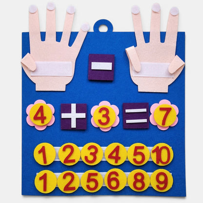 Tableau éducatif Petit Éveil Montessori en feutrine bleue avec mains pour compter, chiffres et symboles mathématiques.