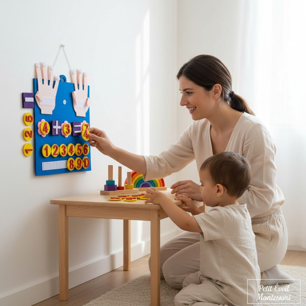 Petit Éveil Montessori : tableau d'apprentissage des mathématiques en feutrine bleue avec chiffres et mains pour compter.