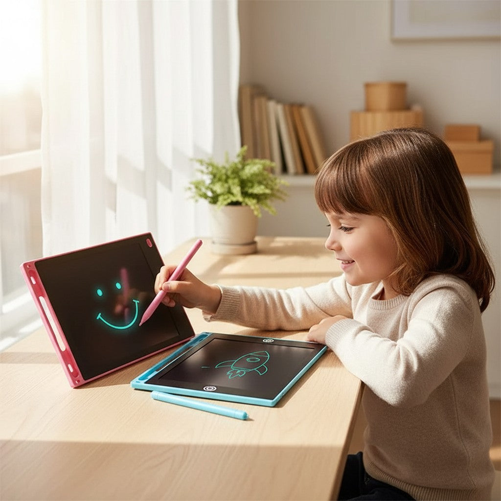 Petit Éveil Montessori - Tablette de dessin LCD rose et bleue avec stylets pour enfants, éducative et créative.