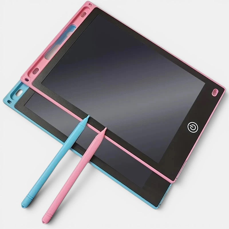 Tablette de dessin LCD Petit Éveil Montessori rose et bleue avec stylets inclus, idéale pour l'apprentissage et la créativité.