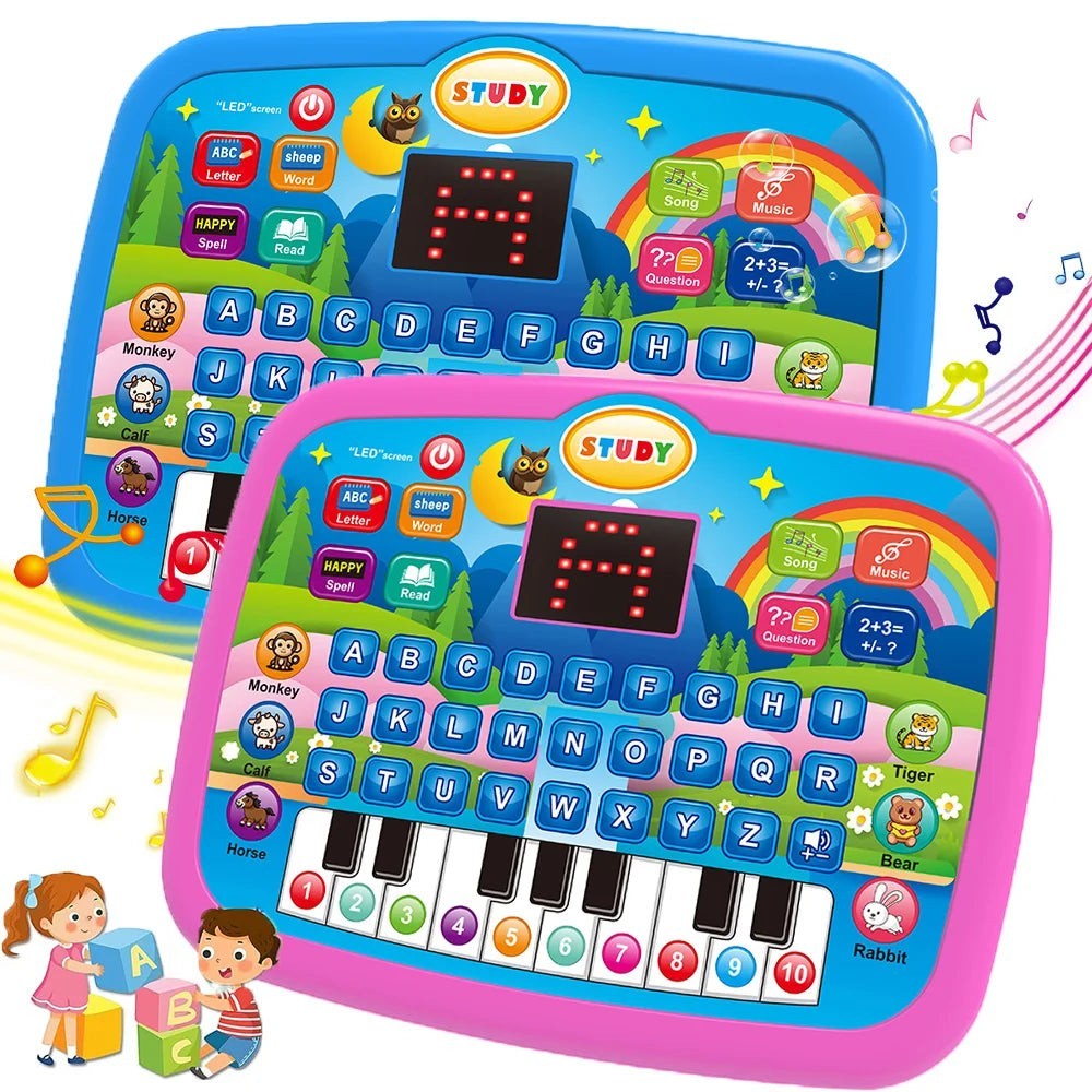 Tablette éducative Montessori rose et bleue avec clavier, lettres, chiffres et sons pour l'apprentissage des enfants par Petit Éveil Montessori.