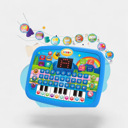 Tablette éducative bleue Petit Éveil Montessori avec clavier, lettres, chiffres et icônes d'apprentissage.