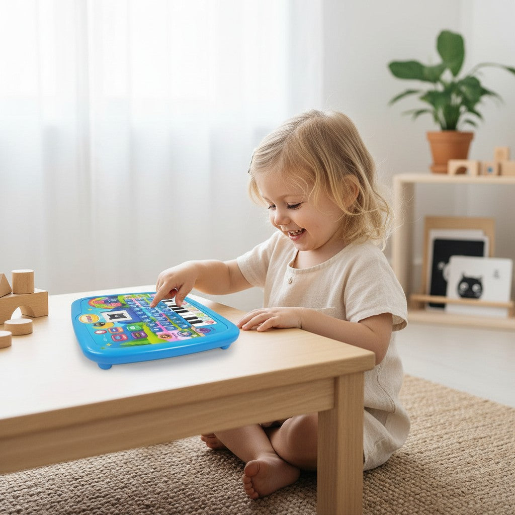 Petit Éveil Montessori : enfant jouant avec une tablette éducative bleue avec clavier et écran.