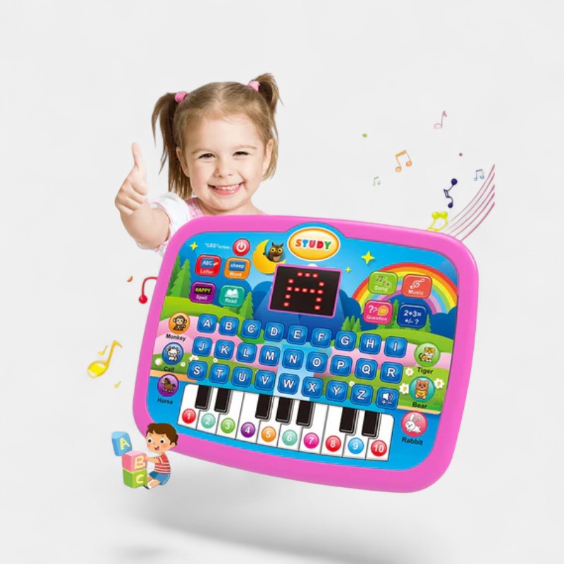 Petit Éveil Montessori, tablette éducative rose avec clavier, lettres, chiffres et sons pour l'apprentissage des enfants.