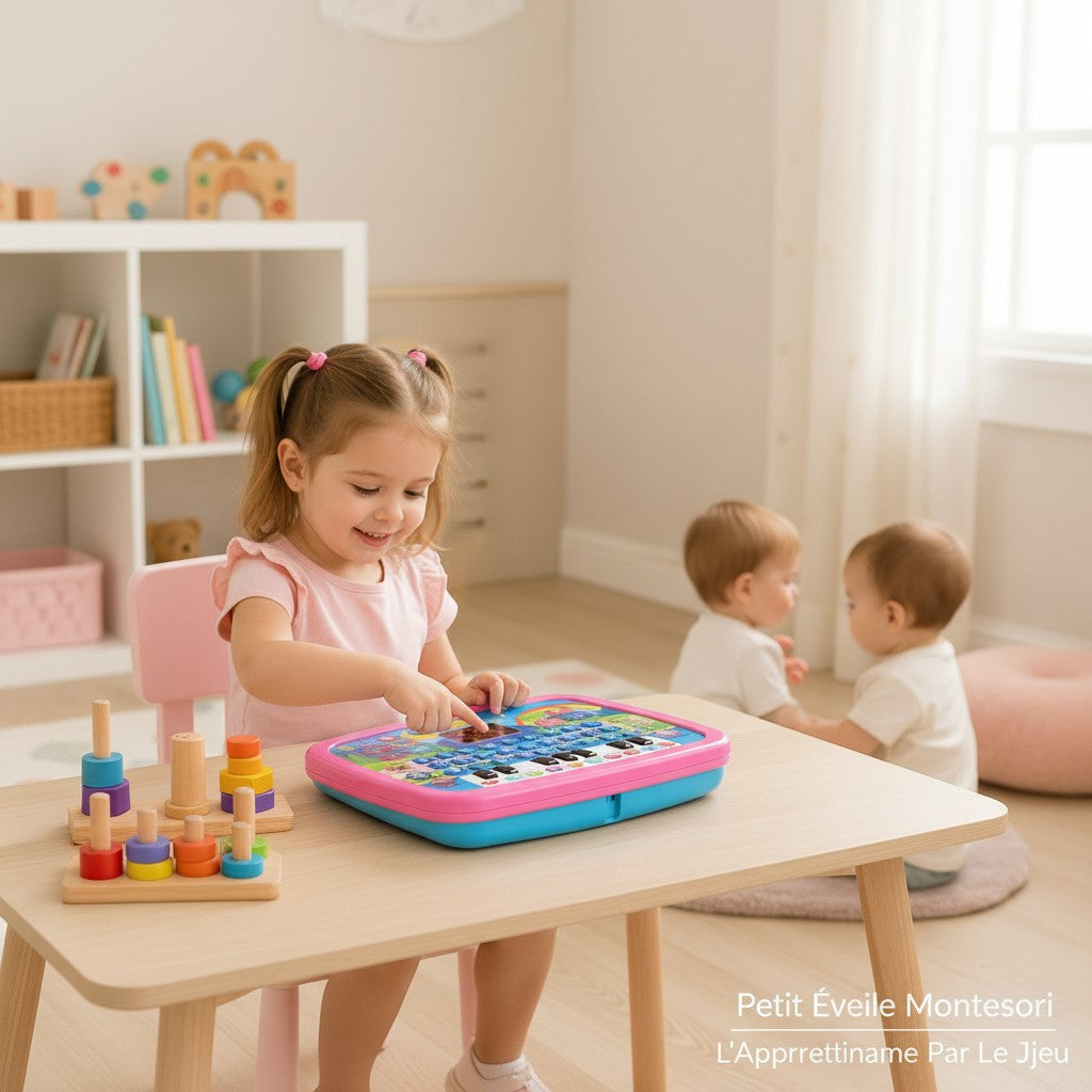 Petit Éveil Montessori : petite fille jouant avec une tablette éducative rose avec clavier et écran interactif.