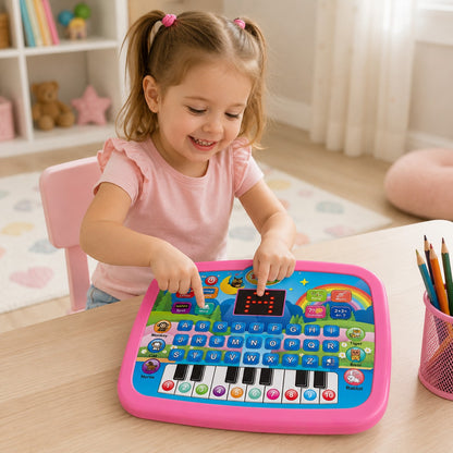 Fille souriante jouant avec une tablette éducative rose Petit Éveil Montessori, clavier et écran interactif.