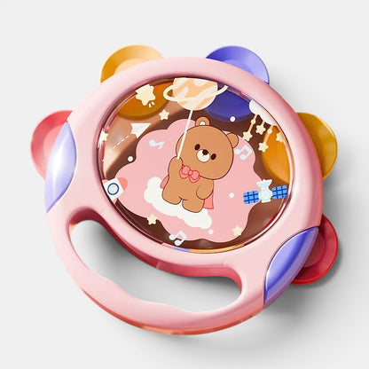 Petit Éveil Montessori tambourin rose avec un ours mignon sur un nuage, jouet musical éducatif pour enfants.