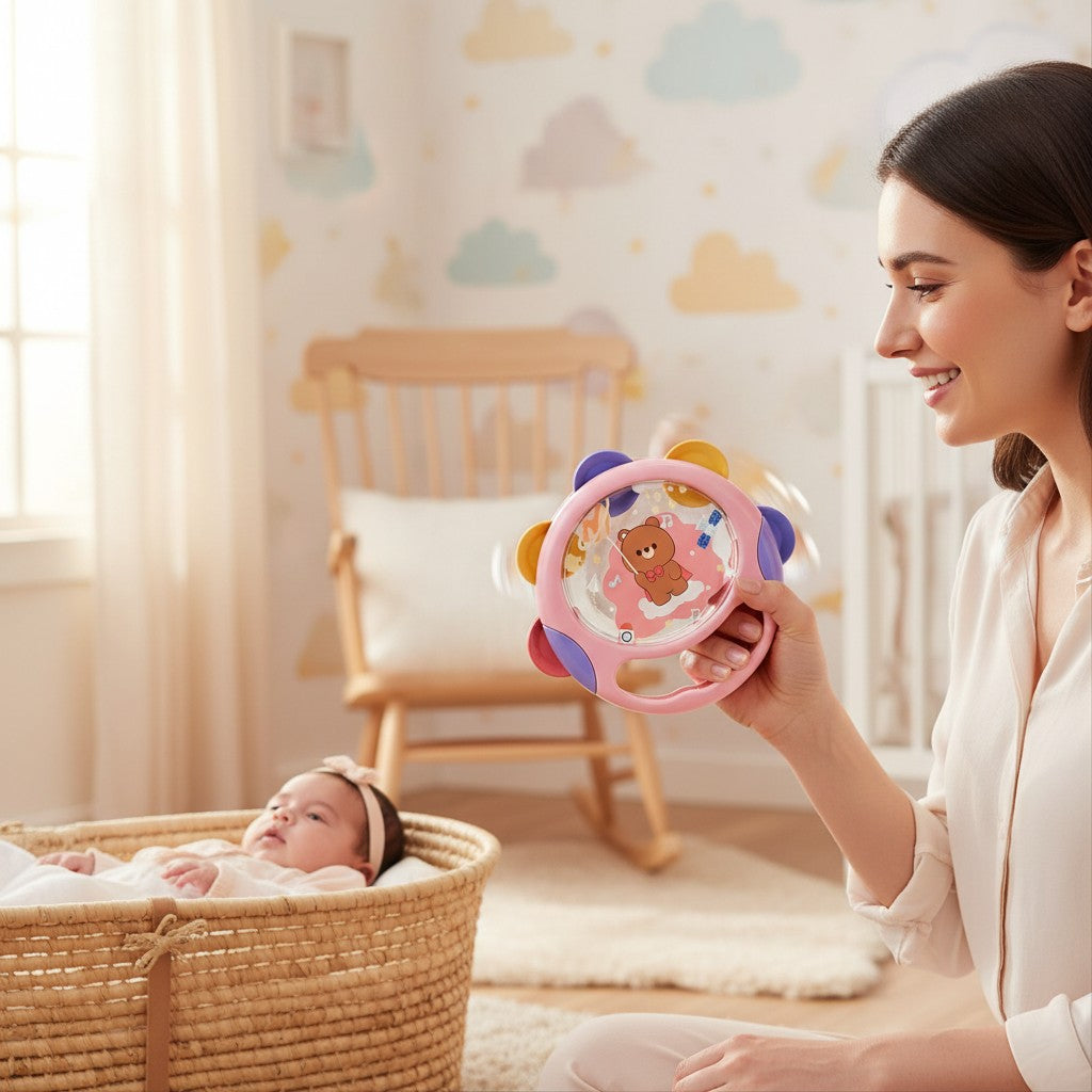 Tambourin rose Petit Éveil Montessori avec un ours mignon, planètes et fusée, jouet musical éducatif pour enfants.