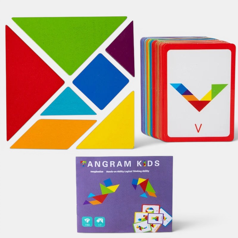 Tangram Montessori en bois multicolore de Petit Éveil Montessori, avec cartes d'activités pour développer la logique et la créativité.