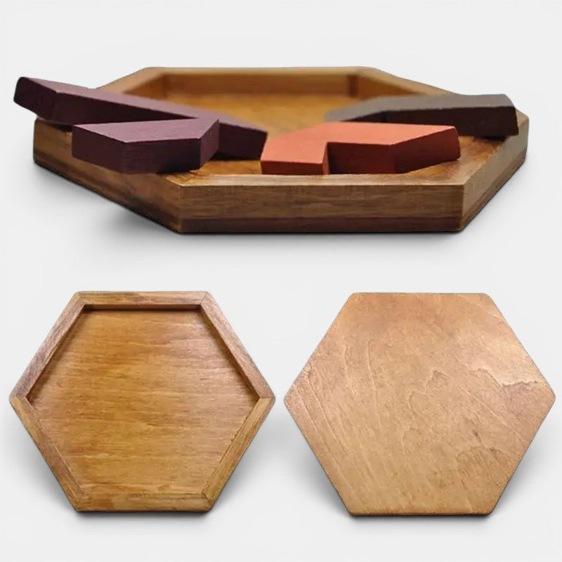Tangram Montessori en bois de Petit Éveil Montessori, jeu éducatif pour enfants, pièces géométriques en bois naturel et teinté.