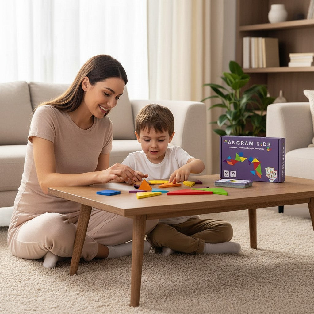 Petit Éveil Montessori Tangram en bois coloré pour enfants, jeu éducatif de formes géométriques et cartes d'activités.