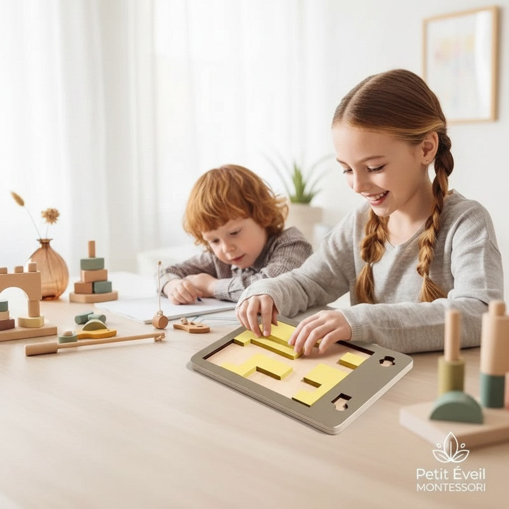 Petit Éveil Montessori Tangram en bois jaune, jeu éducatif pour enfants, favorise la logique et la créativité.