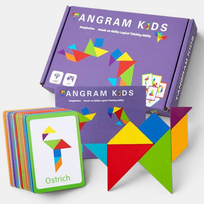Tangram Montessori en bois Petit Éveil Montessori, jeu de formes géométriques colorées pour enfants, avec cartes d'instructions.